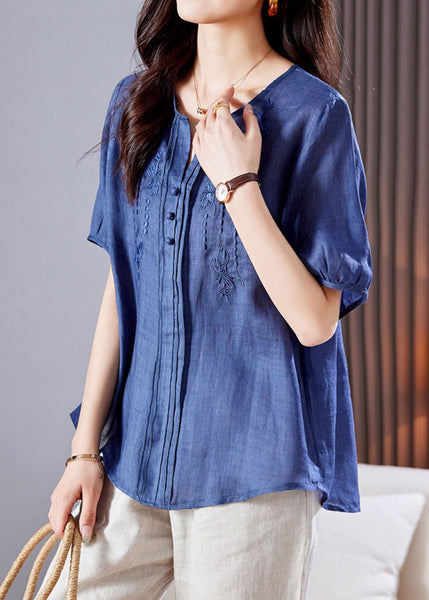 Embroidered Top Blue Linen Summer Wrinkled FashionChic