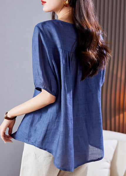 Embroidered Top Blue Linen Summer Wrinkled FashionChic