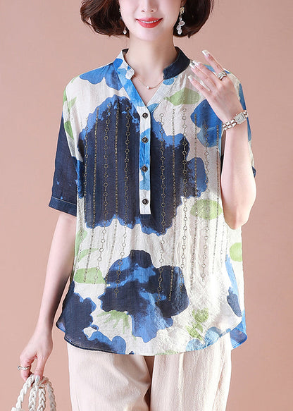 Blue Nail Bead Cotton Tops V Neck Short Sleeve OP1086 Ada Fashion