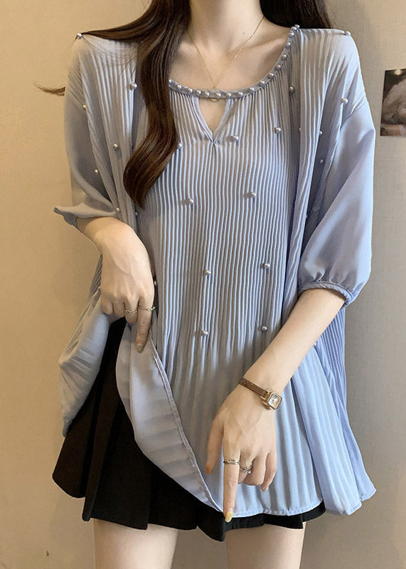 Blue Nail Bead Patchwork Chiffon Blouses O-Neck Half Sleeve RE036 MZF-HTP240807