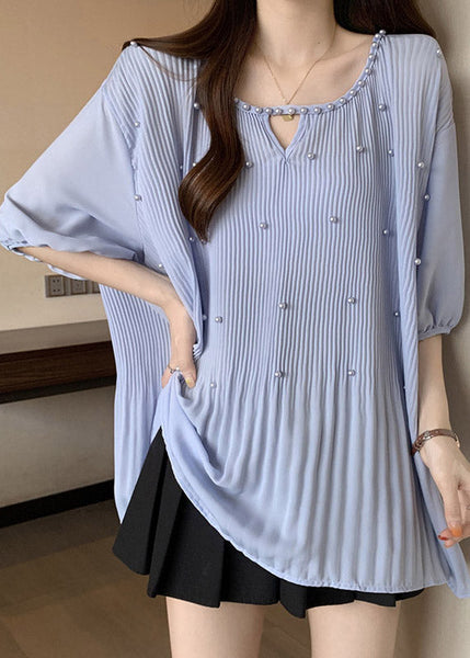 Blue Nail Bead Patchwork Chiffon Blouses O-Neck Half Sleeve RE036 MZF-HTP240807