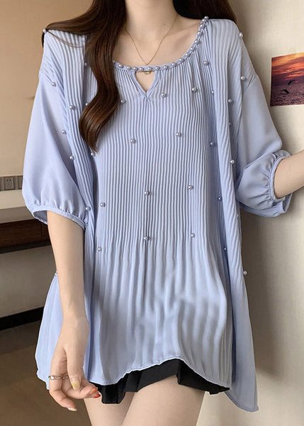 Blue Nail Bead Patchwork Chiffon Blouses O-Neck Half Sleeve RE036 MZF-HTP240807
