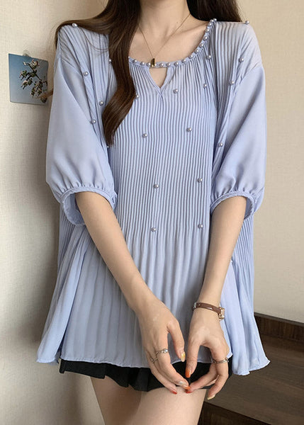 Blue Nail Bead Patchwork Chiffon Blouses O-Neck Half Sleeve RE036 MZF-HTP240807