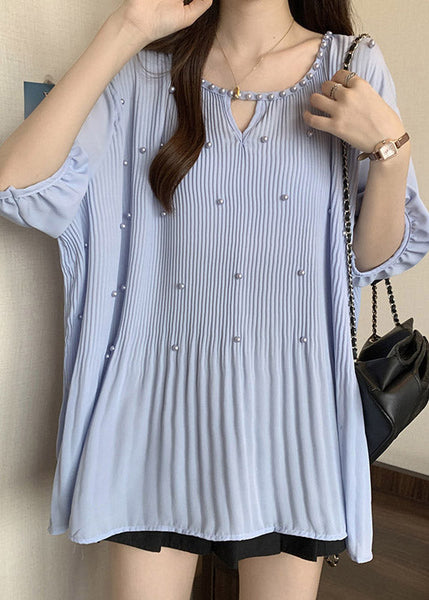 Blue Nail Bead Patchwork Chiffon Blouses O-Neck Half Sleeve RE036 MZF-HTP240807