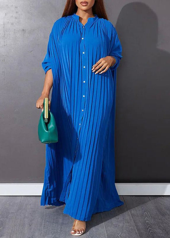 Blue O-Neck Button Vacation Maxi Dresses Long Sleeve VB1037 Ada Fashion