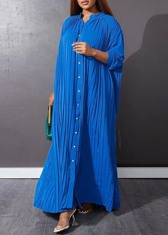 Blue O-Neck Button Vacation Maxi Dresses Long Sleeve VB1037 Ada Fashion