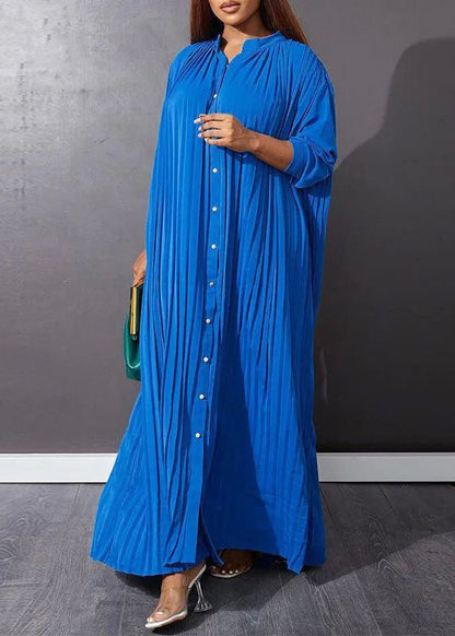 Blue O-Neck Button Vacation Maxi Dresses Long Sleeve VB1037 Ada Fashion