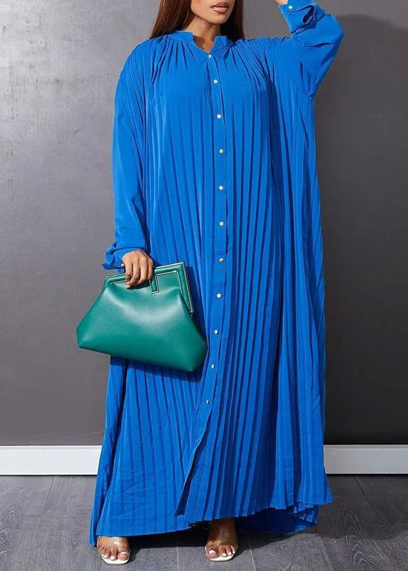 Blue O-Neck Button Vacation Maxi Dresses Long Sleeve VB1037 Ada Fashion