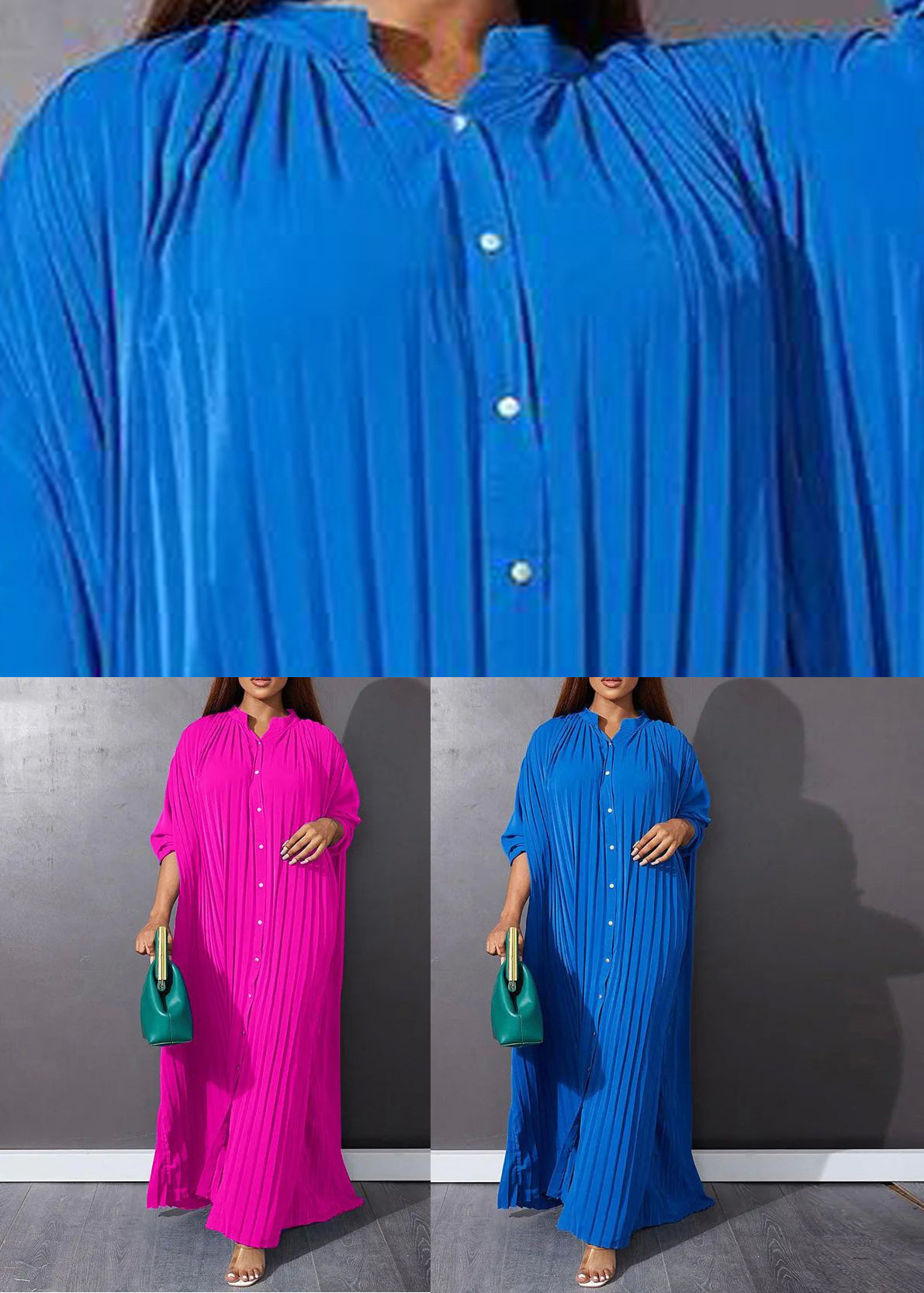 Blue O-Neck Button Vacation Maxi Dresses Long Sleeve VB1037 Ada Fashion