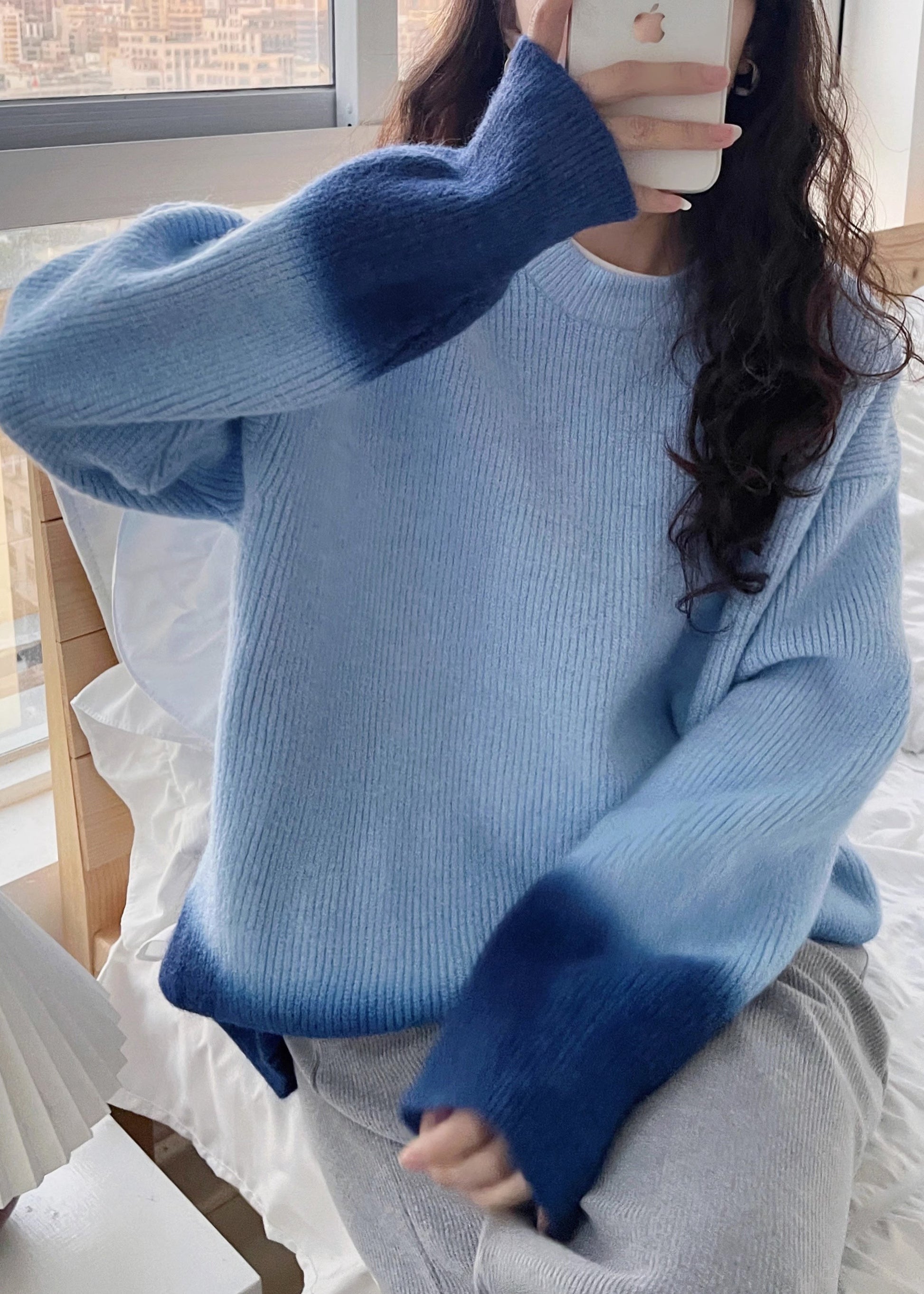 Blue O-Neck Cozy Cotton Knit Sweaters Batwing Sleeve RK018 ABC