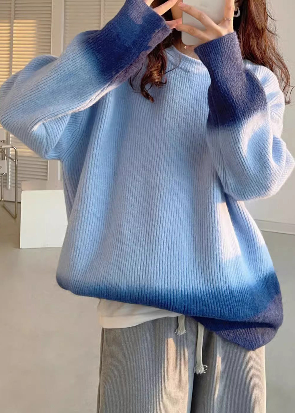 Blue O-Neck Cozy Cotton Knit Sweaters Batwing Sleeve RK018 ABC