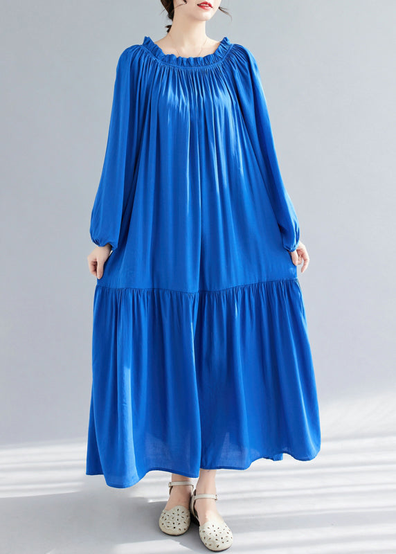 Blue O-Neck Ruffled Patchwork Chiffon Maxi Dress Spring GH1081 Ada Fashion