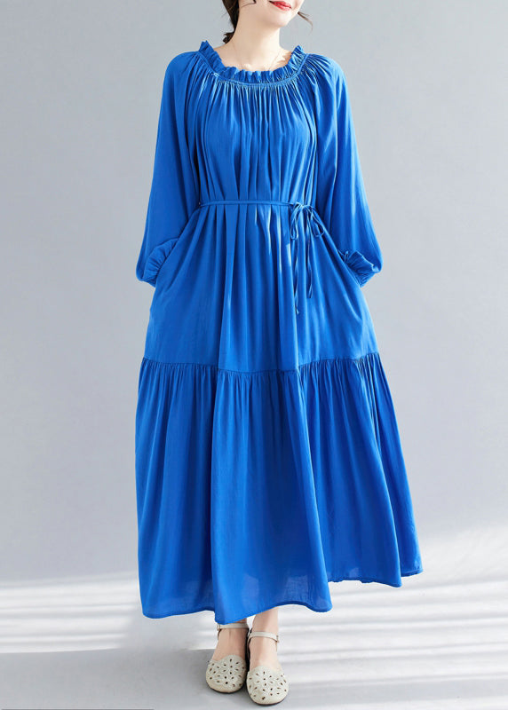 Blue O-Neck Ruffled Patchwork Chiffon Maxi Dress Spring GH1081 Ada Fashion