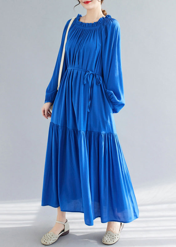 Blue O-Neck Ruffled Patchwork Chiffon Maxi Dress Spring GH1081 Ada Fashion