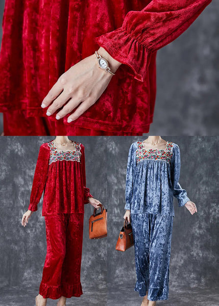 Blue Patchwork Silk Velour Two-Piece Set Square Collar Embroidered Fall Ada Fashion