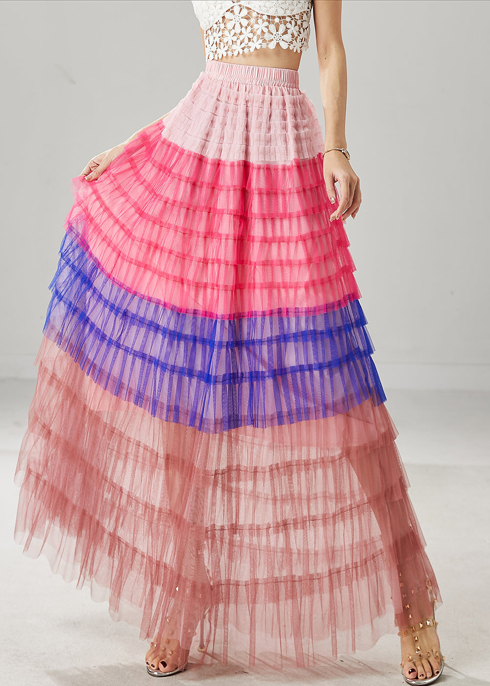 Blue Patchwork Tulle Beach Skirts Layered Ruffled Summer YU1029 Ada Fashion