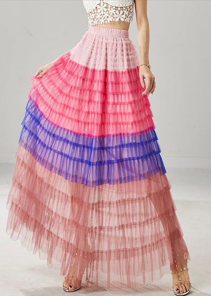 Blue Patchwork Tulle Beach Skirts Layered Ruffled Summer YU1029 Ada Fashion