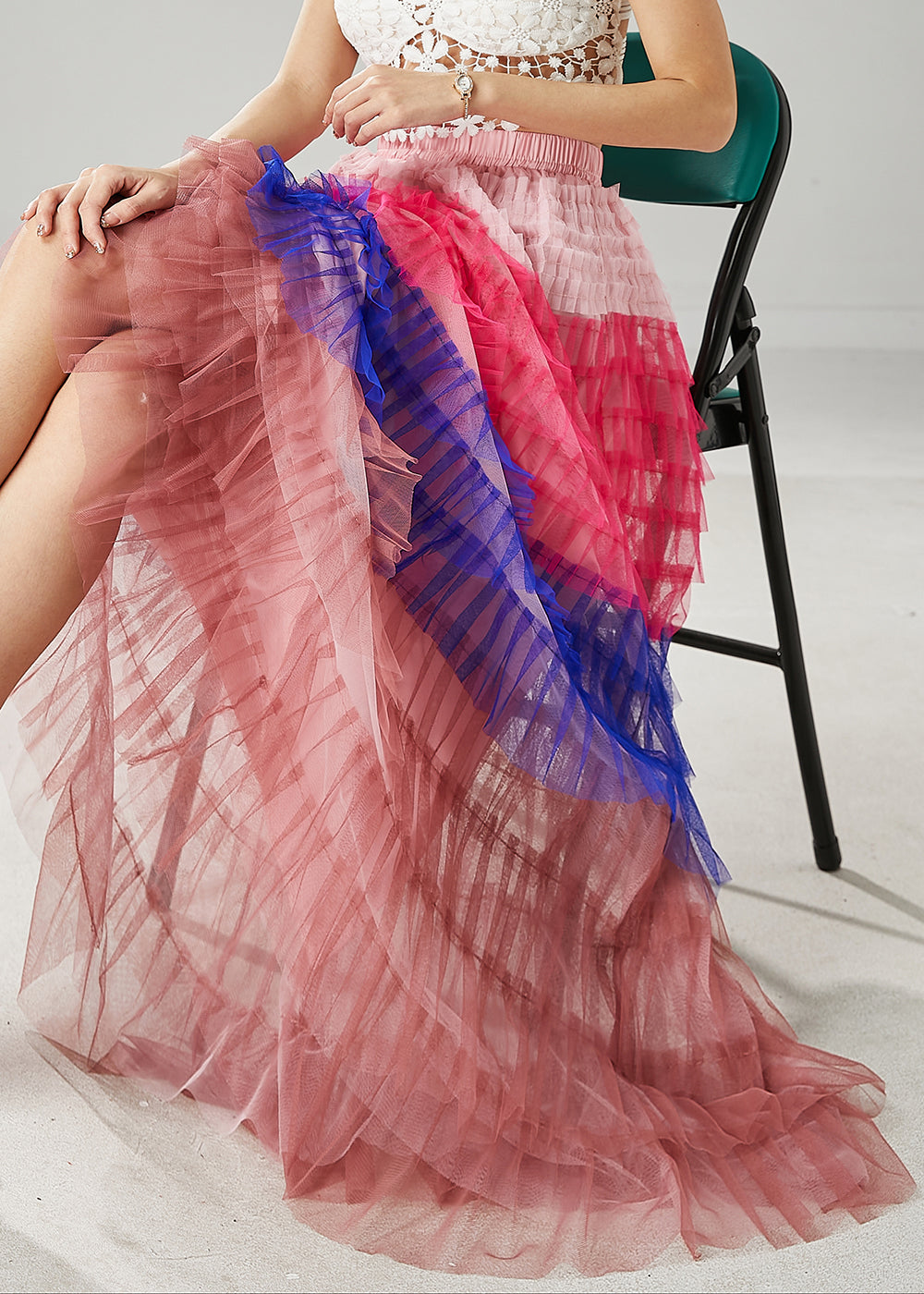 Blue Patchwork Tulle Beach Skirts Layered Ruffled Summer YU1029 Ada Fashion