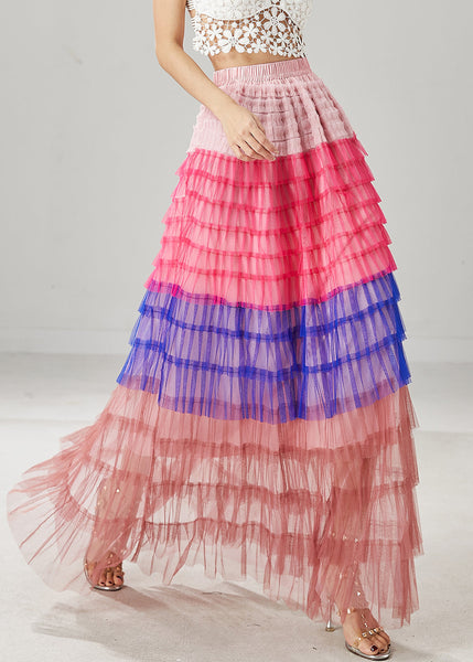 Blue Patchwork Tulle Beach Skirts Layered Ruffled Summer YU1029 Ada Fashion