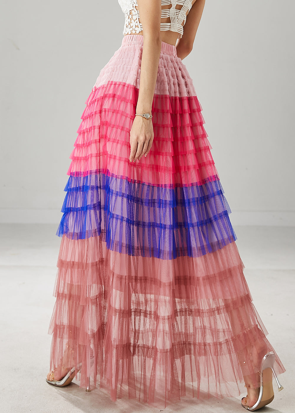 Blue Patchwork Tulle Beach Skirts Layered Ruffled Summer YU1029 Ada Fashion