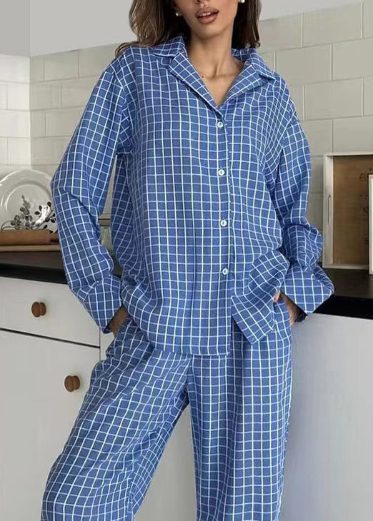 Fall Plaid Cotton Pieces Pajama Two Sets Oversized Blue FashionChic