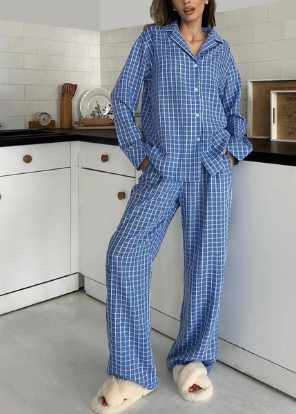 Fall Plaid Cotton Pieces Pajama Two Sets Oversized Blue FashionChic