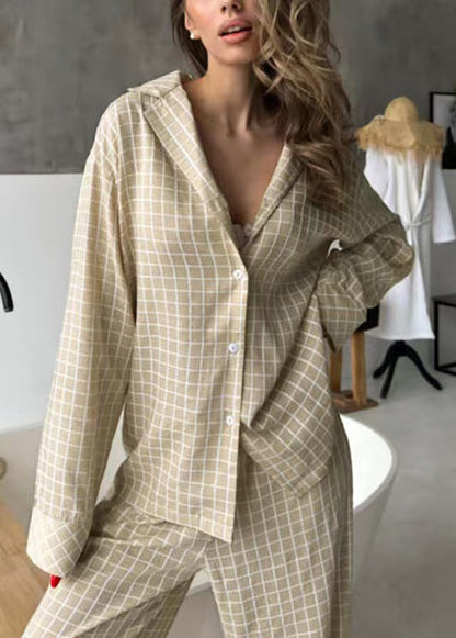 Fall Plaid Cotton Pieces Pajama Two Sets Oversized Blue FashionChic