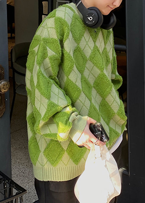 Blue Plaid Loose Knit Men Sweaters O Neck Fal QH025 MENSW241019