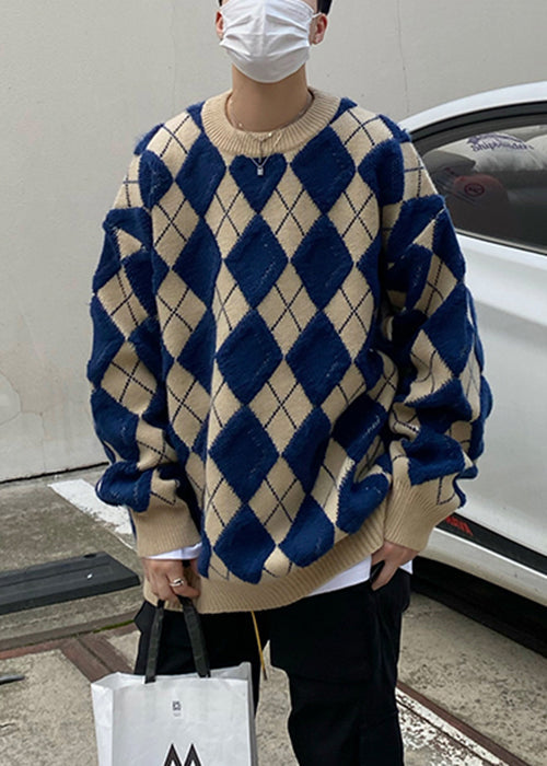 Blue Plaid Loose Knit Men Sweaters O Neck Fal QH025 MENSW241019