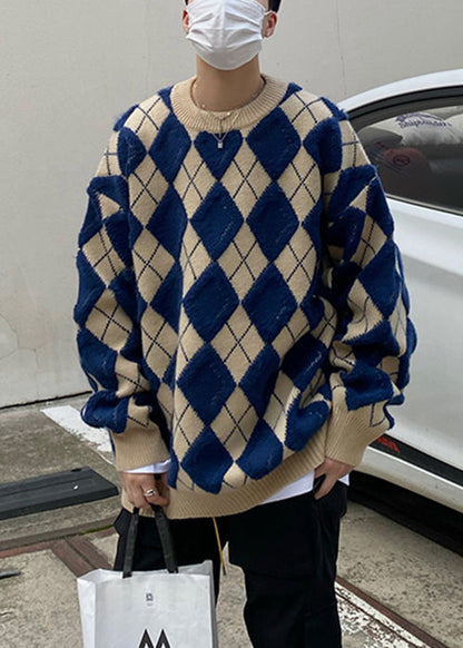 Blue Plaid Loose Knit Men Sweaters O Neck Fal QH025 MENSW241019