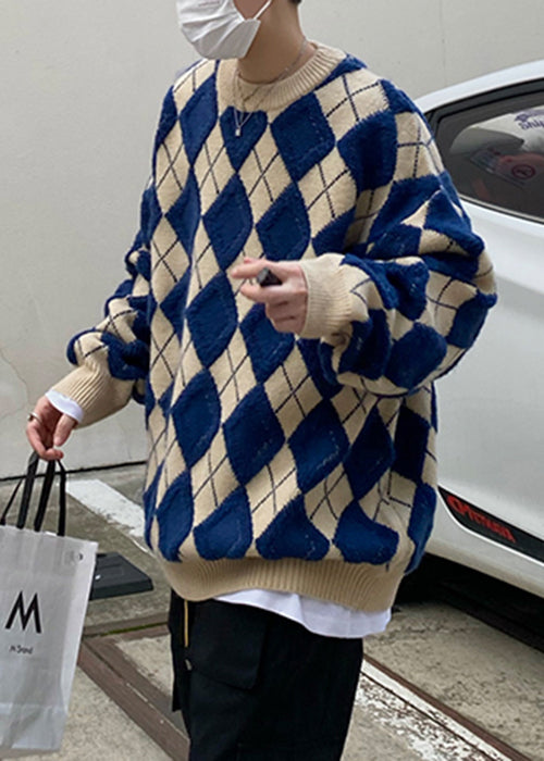 Blue Plaid Loose Knit Men Sweaters O Neck Fal QH025 MENSW241019