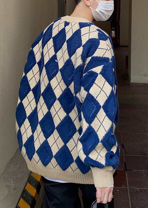 Blue Plaid Loose Knit Men Sweaters O Neck Fal QH025 MENSW241019