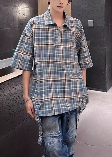 Summer Blue Shirts Peter Plaid Up Cotton Collar Zip Pan Men FashionChic