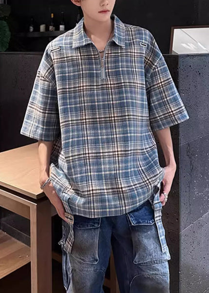 Summer Blue Shirts Peter Plaid Up Cotton Collar Zip Pan Men FashionChic
