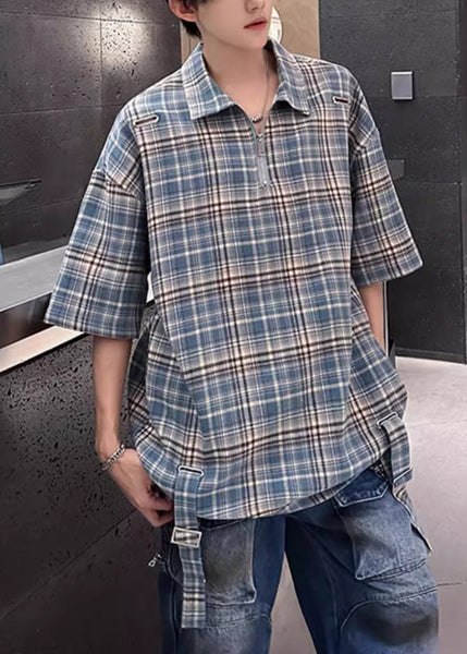 Summer Blue Shirts Peter Plaid Up Cotton Collar Zip Pan Men FashionChic
