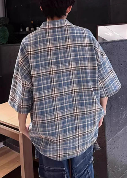 Summer Blue Shirts Peter Plaid Up Cotton Collar Zip Pan Men FashionChic
