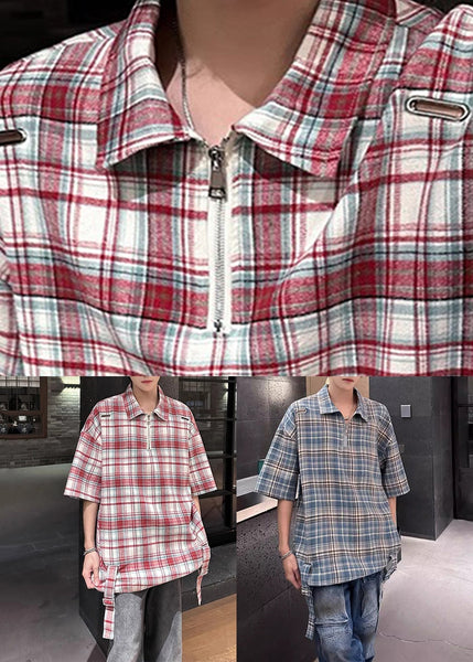 Summer Blue Shirts Peter Plaid Up Cotton Collar Zip Pan Men FashionChic
