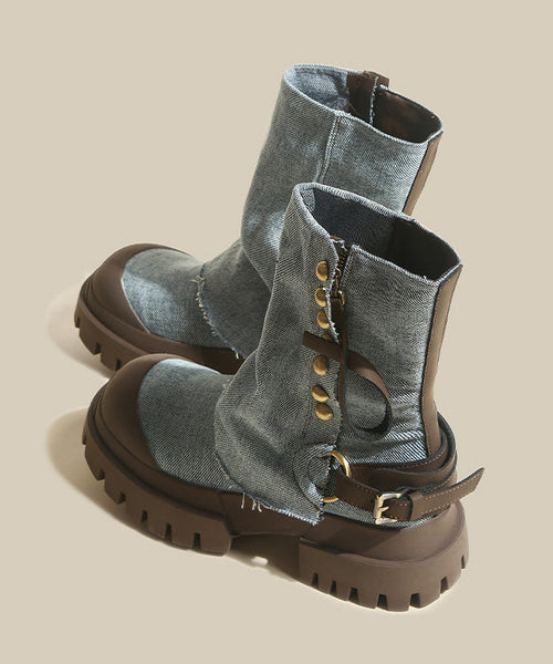 Cowhide Leather Denim Platform Boots Splicing Blue FashionChic