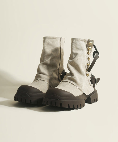 Cowhide Leather Denim Platform Boots Splicing Blue FashionChic