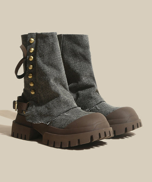 Cowhide Leather Denim Platform Boots Splicing Blue FashionChic