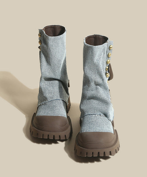 Cowhide Leather Denim Platform Boots Splicing Blue FashionChic