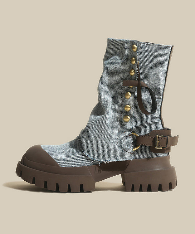 Cowhide Leather Denim Platform Boots Splicing Blue FashionChic