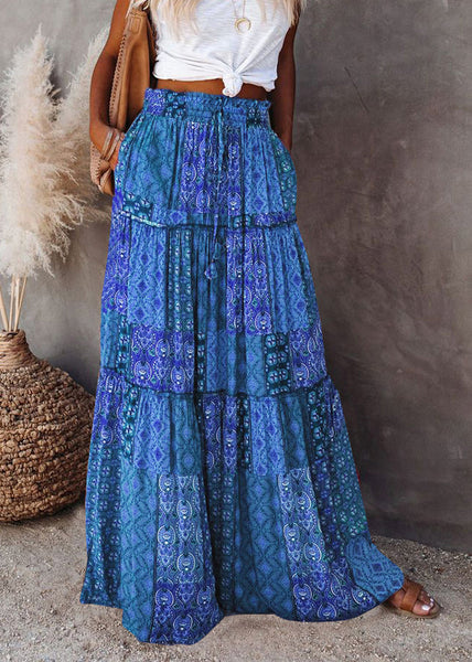 Skirts Pockets Maxi Waist Blue Elastic Summer FashionChic