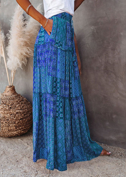 Skirts Pockets Maxi Waist Blue Elastic Summer FashionChic