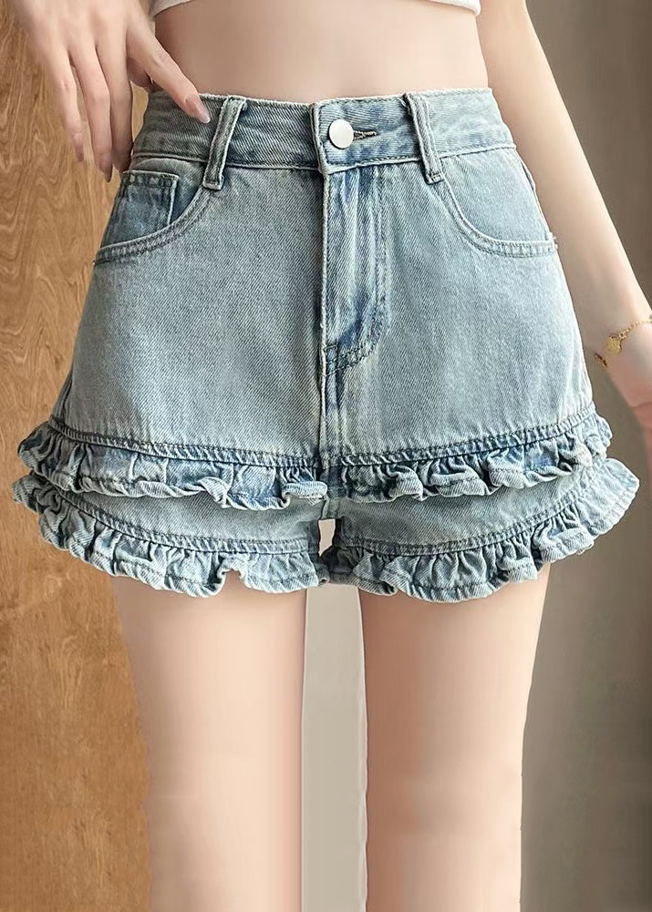 Summer Denim Shorts Blue Waist Ruffled High Pockets FashionChic