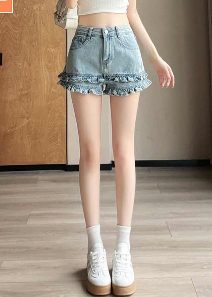 Summer Denim Shorts Blue Waist Ruffled High Pockets FashionChic