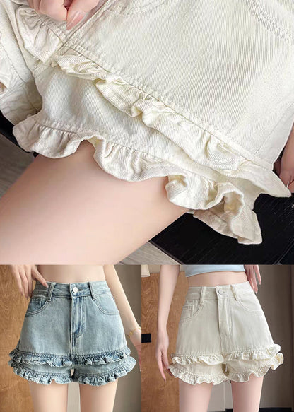 Summer Denim Shorts Blue Waist Ruffled High Pockets FashionChic