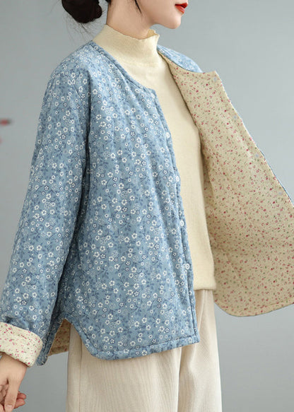 Blue Print Button Cotton Filled Winter Coat O Neck QG032 OM-DJK241016