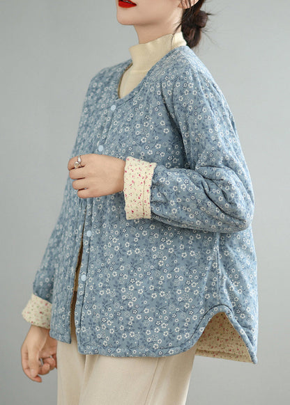 Blue Print Button Cotton Filled Winter Coat O Neck QG032 OM-DJK241016