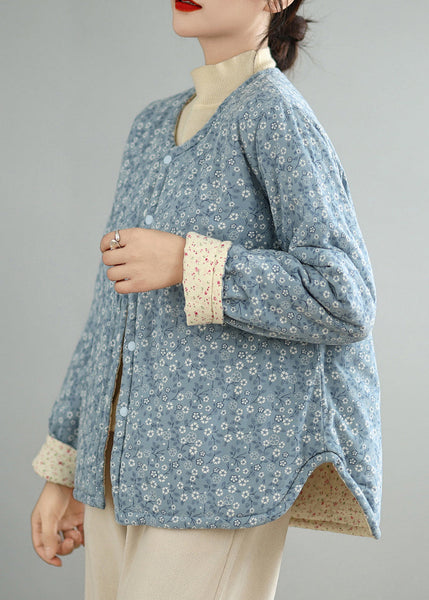 Blue Print Button Cotton Filled Winter Coat O Neck QG032 OM-DJK241016